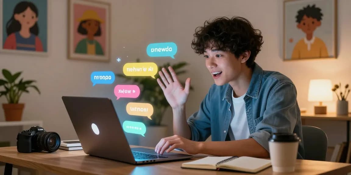 Engaging scene of a young person interacting with an ai chat nsfw character on a laptop, vibrant chat bubbles displayed.
