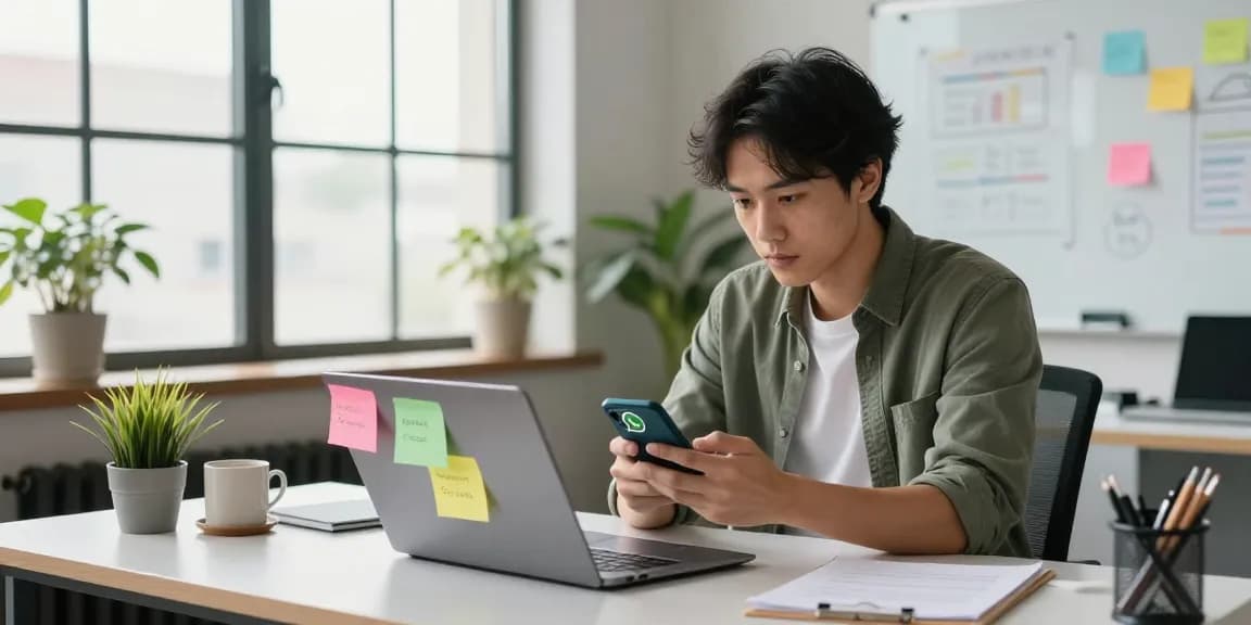 WhatsApp下載 in a modern workspace with a professional downloading and engaging with their smartphone in a bright office.