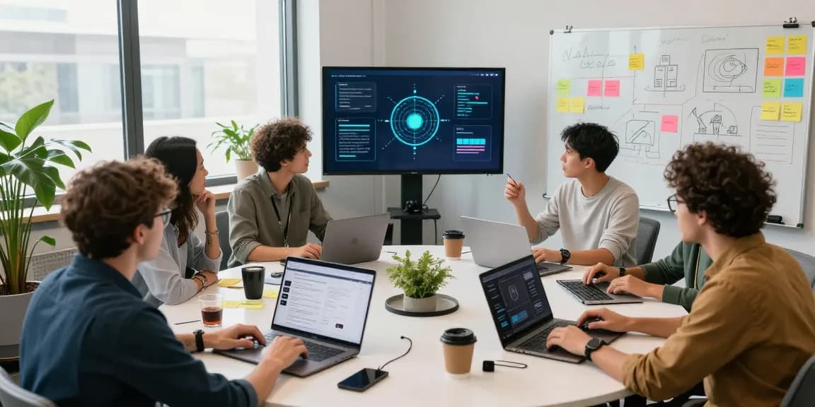 Developers collaborating on Web3 applications in a modern tech workspace with laptops and interactive tools.
