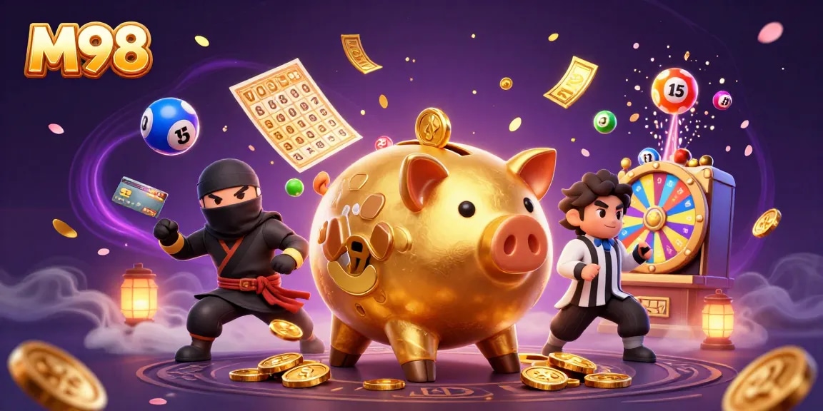 M98 casino features a golden piggy bank sumo wrestler amidst vibrant lottery action, showcasing thrilling gameplay.