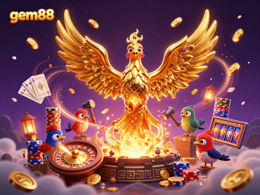 Experience the excitement of gem88 as golden coins cascade, energized by a molten phoenix in a vibrant casino scene.