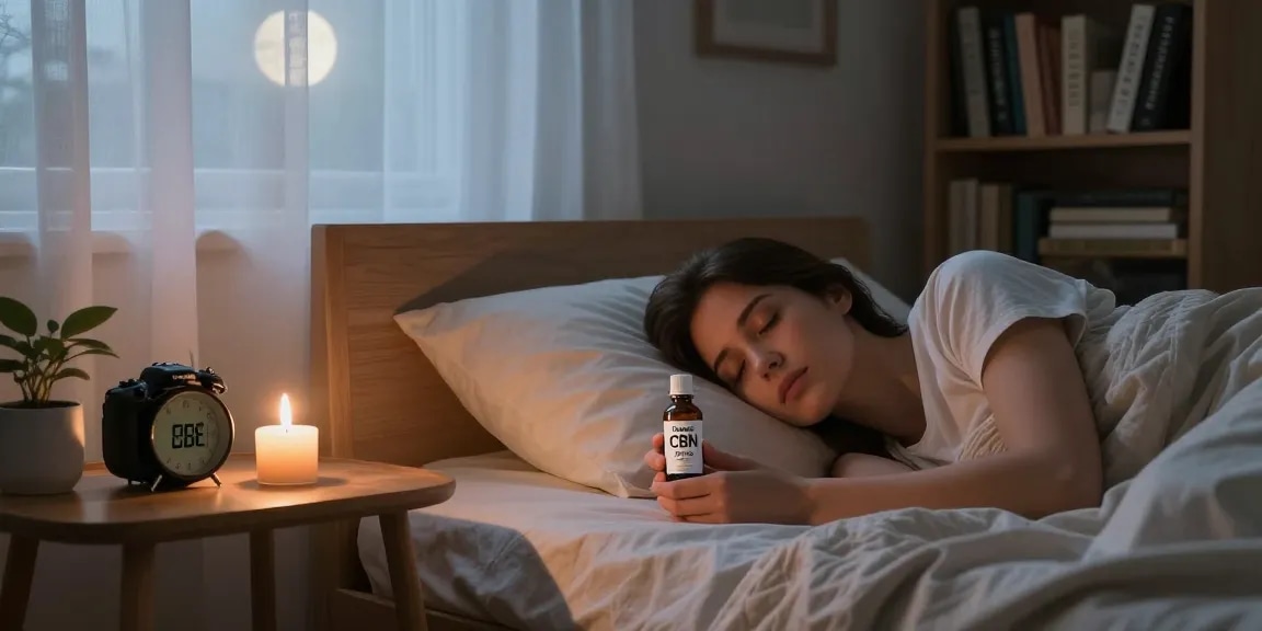 Person preparing for sleep with organic cbn oil canada in a cozy bedroom.