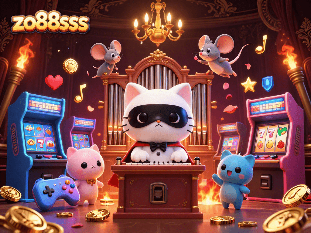 Experience thrilling gaming with zo88sss in a lavish casino scene featuring a whimsical cat and exciting game elements.