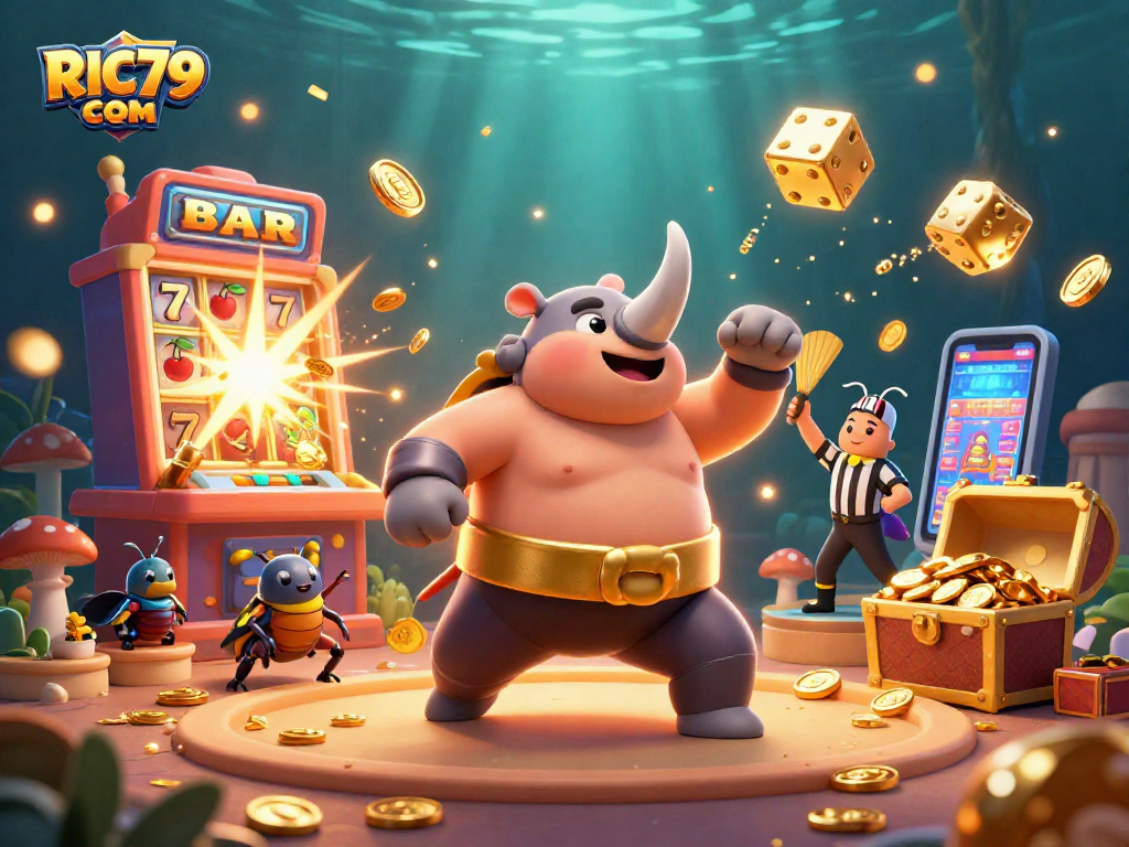 Experience gaming excitement at RIC79 COM, featuring lively beetle characters celebrating casino jackpots.