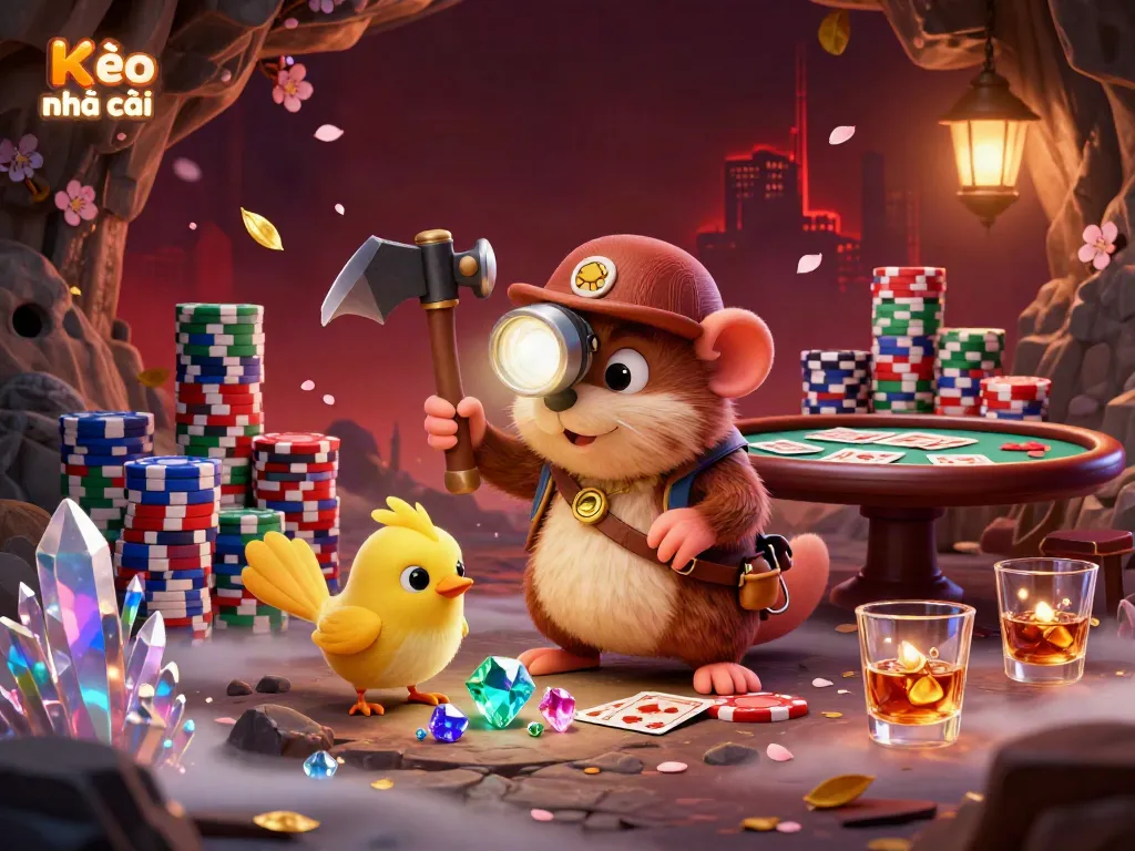 Kèo nhà cái showcases a vibrant scene with a treasure hunter mole and poker elements, ideal for a casino atmosphere.