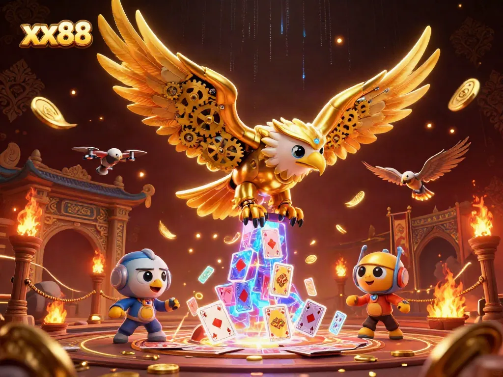 Engage withxx88's thrilling casino experience featuring a golden eagle amidst dynamic gaming elements.