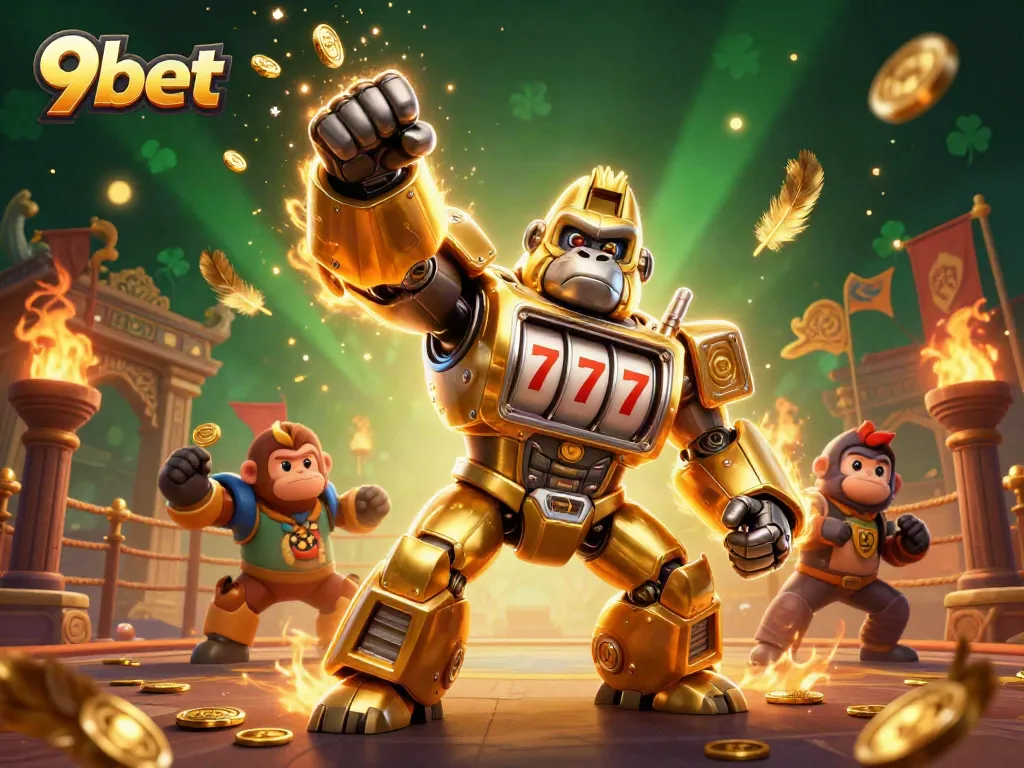 Engage with 9bet's exhilarating casino experience through this dynamic 3D illustration showcasing a golden gorilla mech.