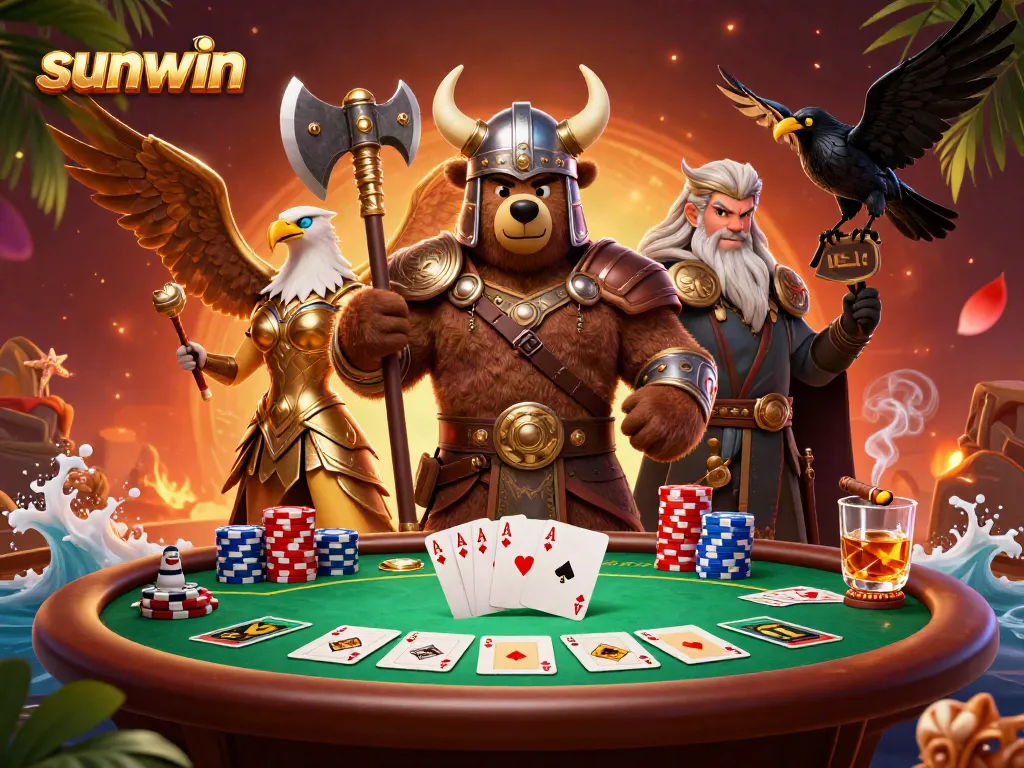 Engage in thrilling games like poker at sunwin with vibrant characters and rich casino elements.