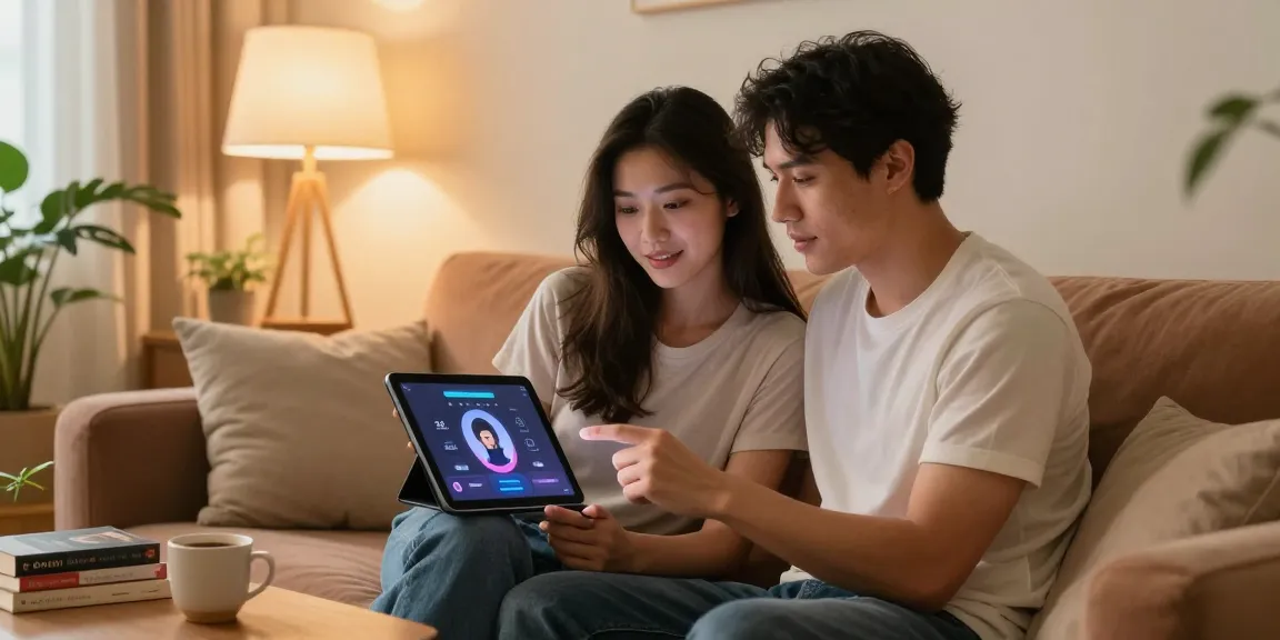 Couple exploring ai sex technology in a cozy home environment, highlighting intimacy and modern relationships.