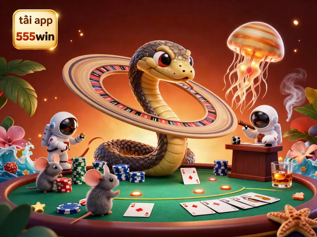 Experience the excitement of tải app 555win with whimsical characters and vibrant casino elements in this detailed illustration.