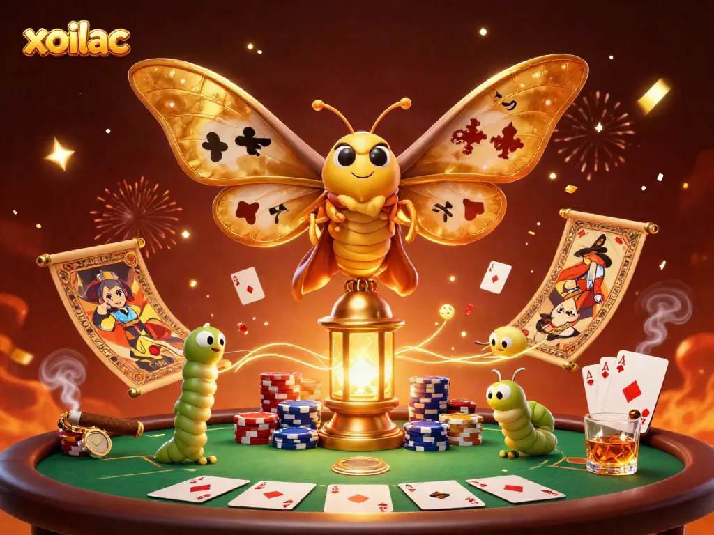 Experience the vibrant xoilac online casino world with a colorful illustration of a magical scene featuring a golden atlas moth and poker elements.