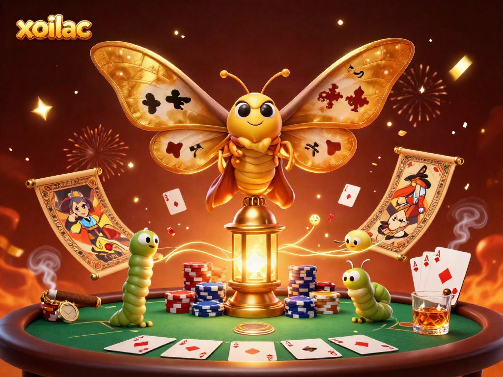 Experience the vibrant xoilac online casino world with a colorful illustration of a magical scene featuring a golden atlas moth and poker elements.