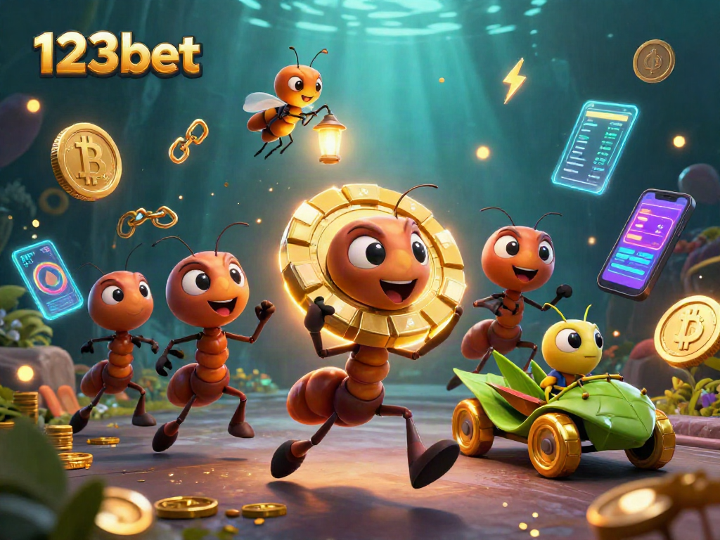 Experience the vibrant action of 123bet with ants running a heist for a giant poker chip.