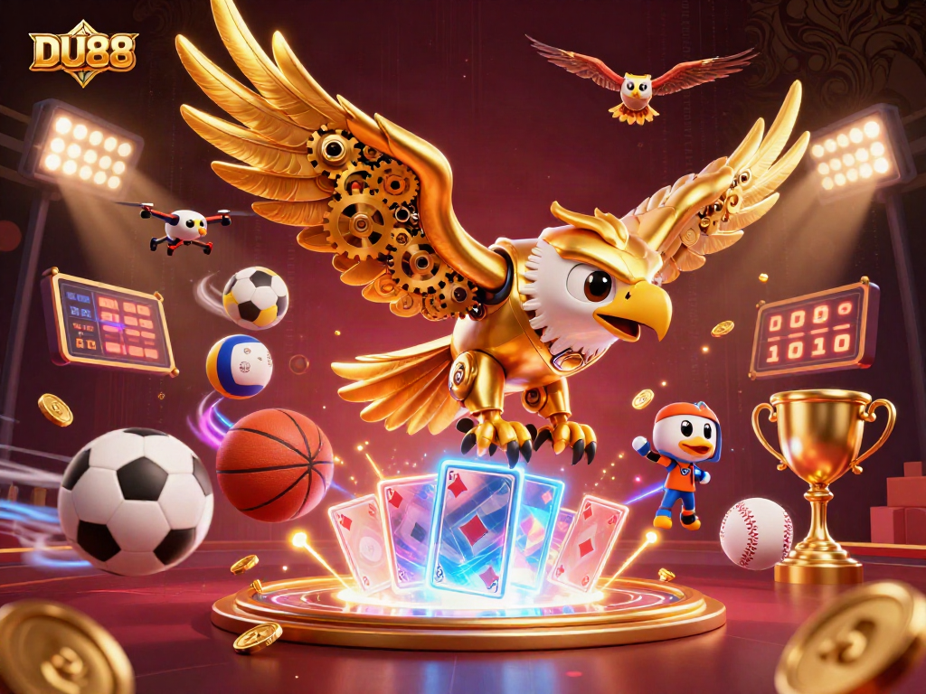 Experience thrilling gaming at DU88 with a vibrant scene featuring a cybernetic eagle diving through holographic cards.