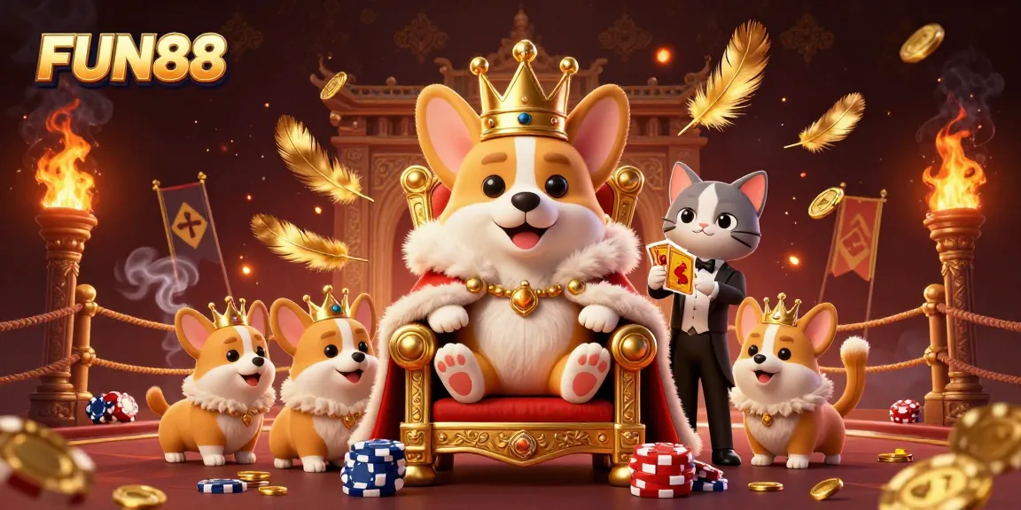 Experience FUN88's vibrant casino scene with a royal corgi and dynamic game elements.