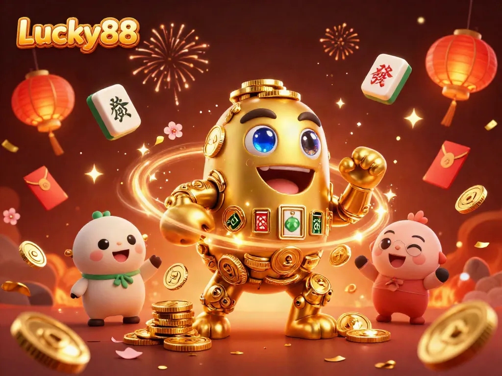 Spin the Lucky88 adventure with a golden golem surrounded by vibrant casino elements.