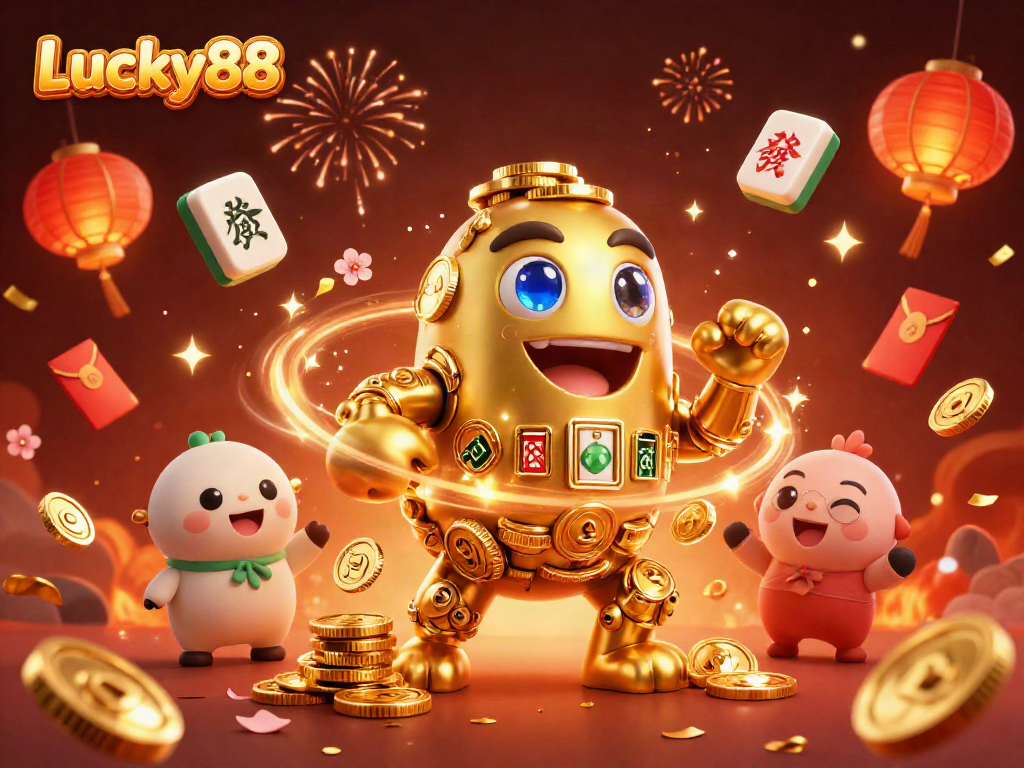Spin the Lucky88 adventure with a golden golem surrounded by vibrant casino elements.