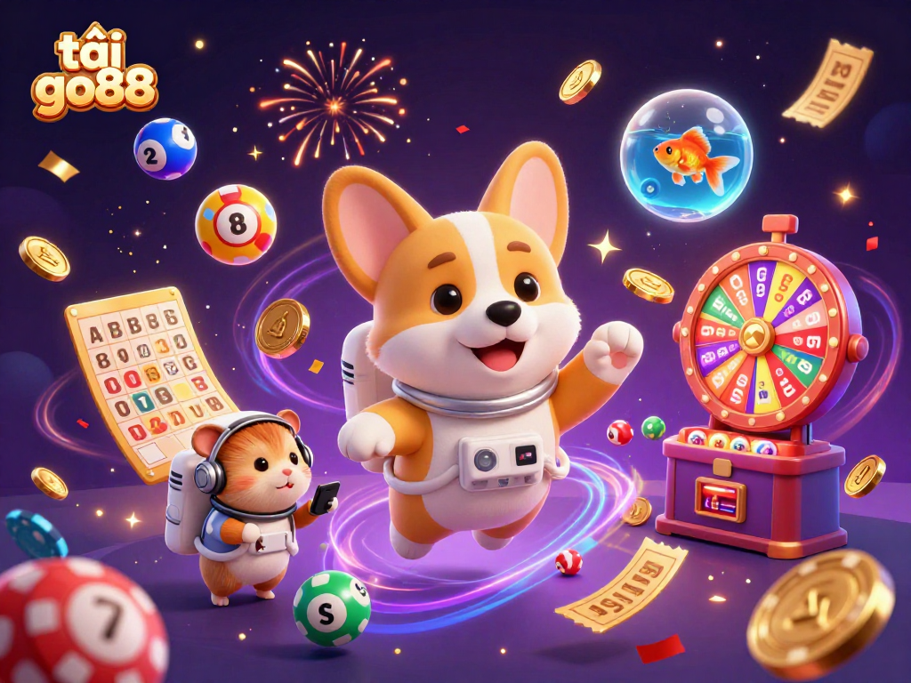Experience the excitement of tải go88 with a dynamic 3D casino scene featuring astronaut corgis and gaming elements.