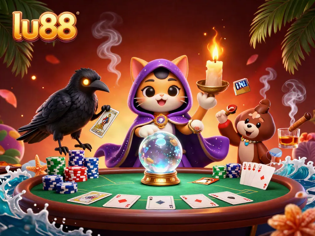 lu88 players enjoy a vibrant casino scene featuring fortune teller mystic cat and poker elements