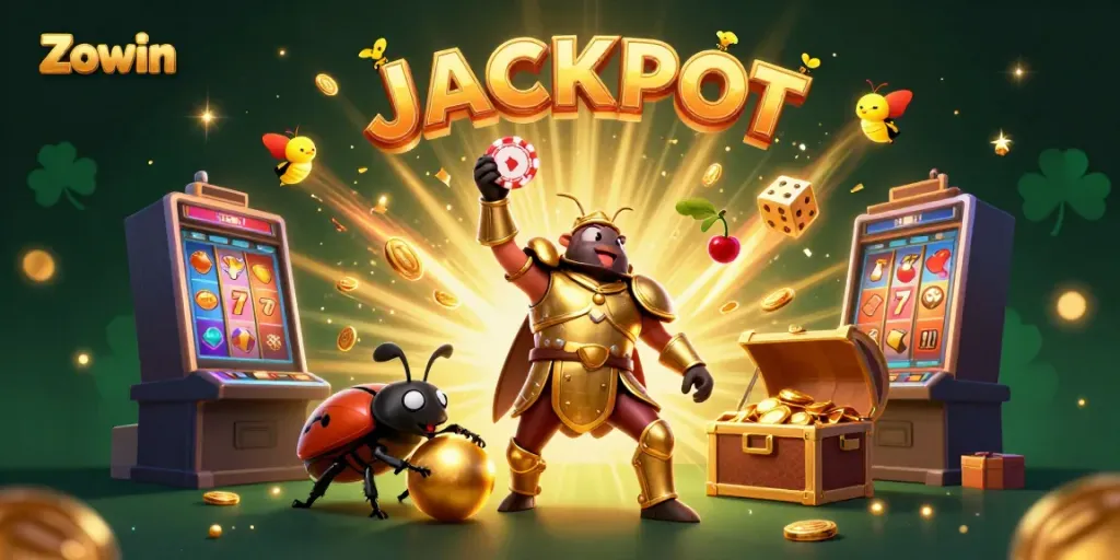 Win big with Zowin as the cartoon hercules beetle lifts a poker chip, surrounded by celebratory elements.