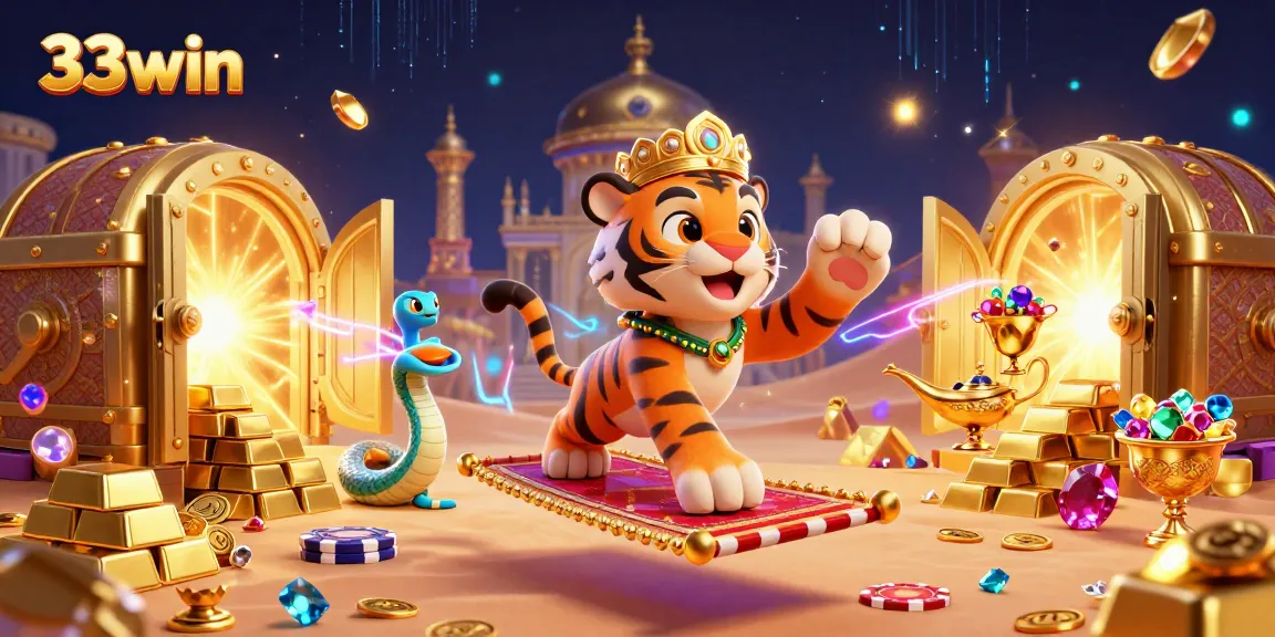 Experience excitement at 33win, featuring a vibrant 3D casino scene with treasures and magical elements.