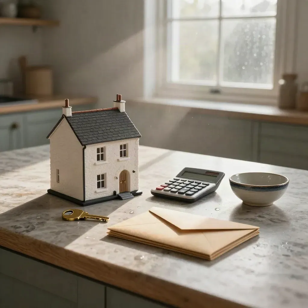 Rainy morning kitchen island with house model, key, calculator and envelopes for loan planning