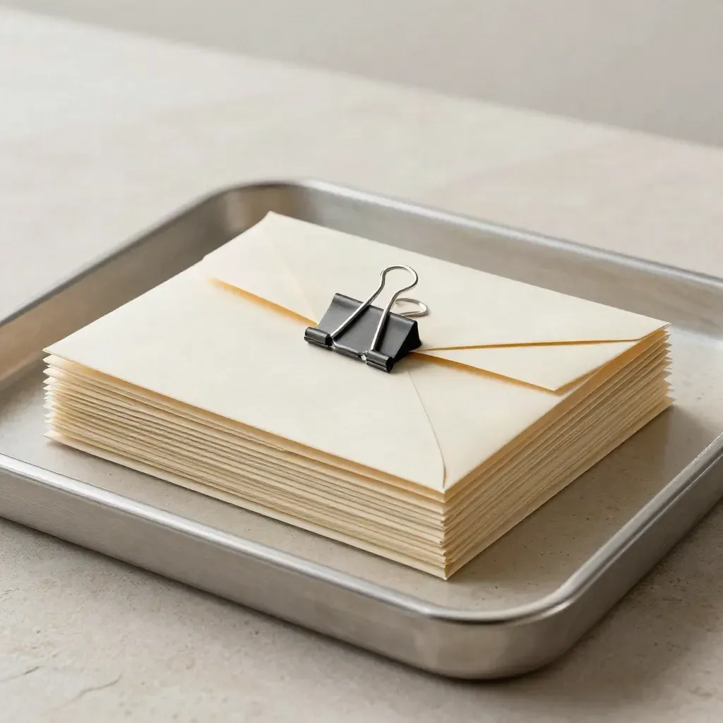 Top-down envelopes and binder clip in a travertine budget tray for debt consolidation.