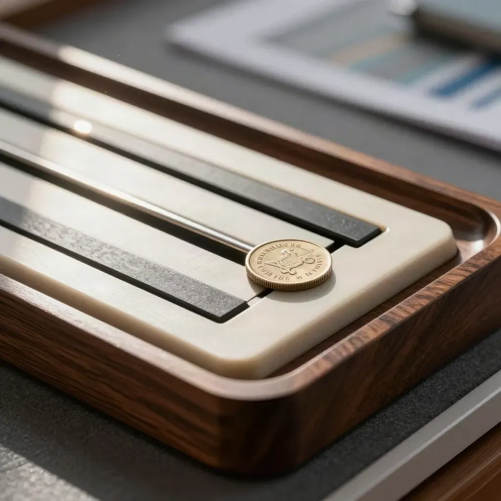 Macro of a loan calculator, sliders, and a monthly-target disk snapping into place on a dark tray.