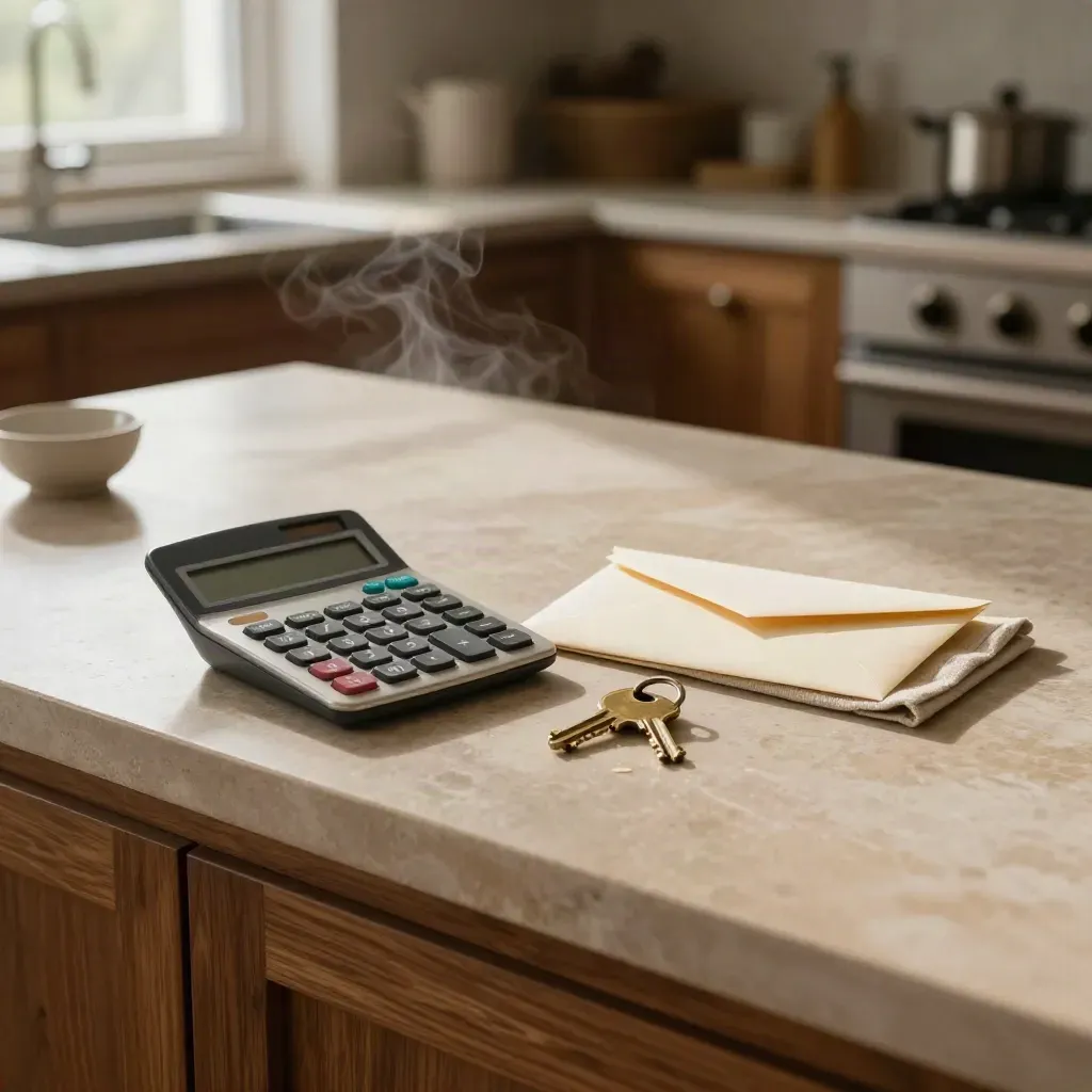 Calculator, house key and blank envelopes on a stone kitchen counter in warm afternoon light.