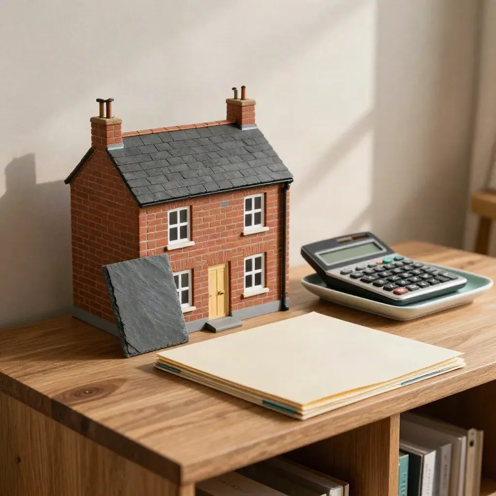 House model, slate tile, calculator and folders on a warm sideboard in soft daylight.