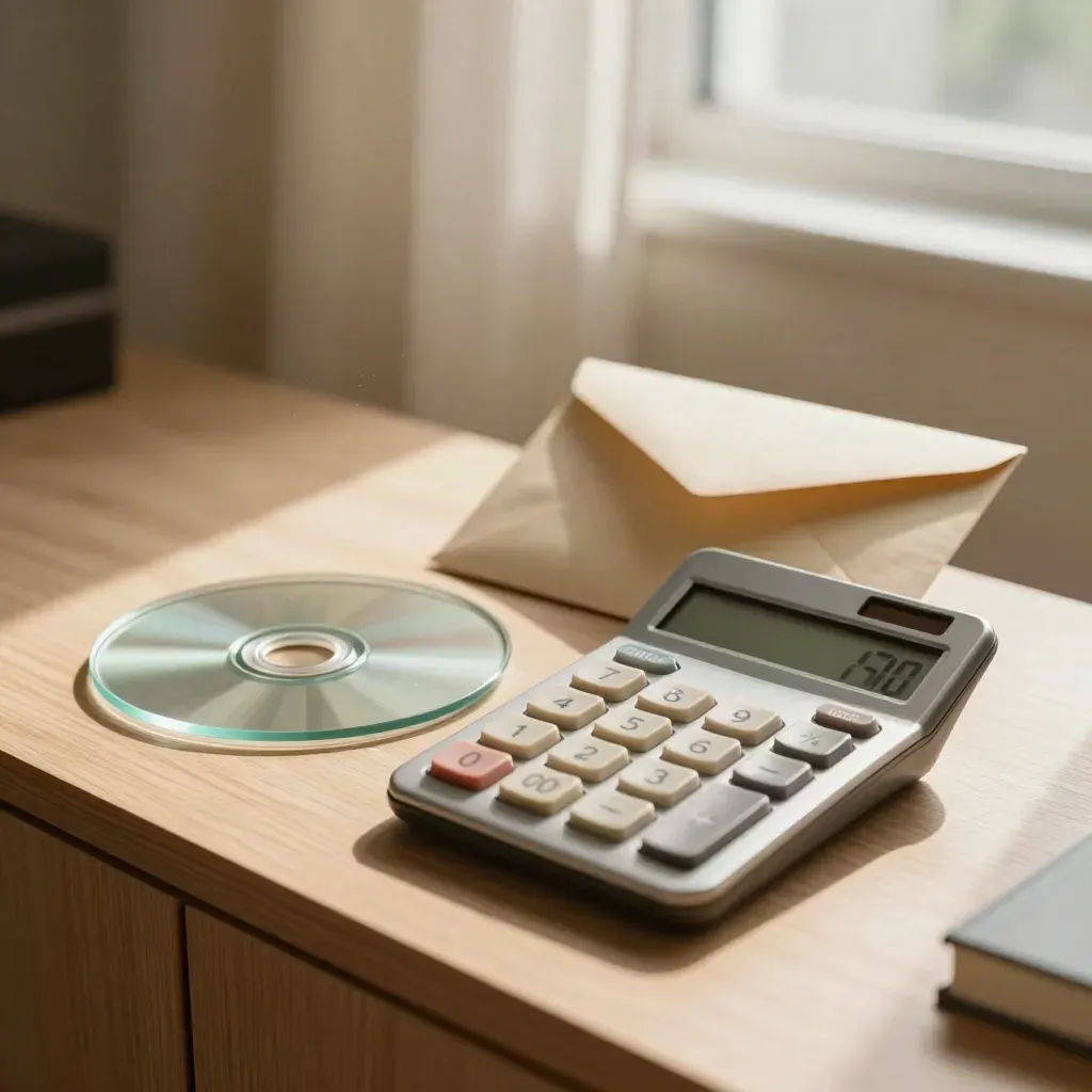 Calculator, glass discs and sealed envelope on a sunlit sideboard for an eligibility check