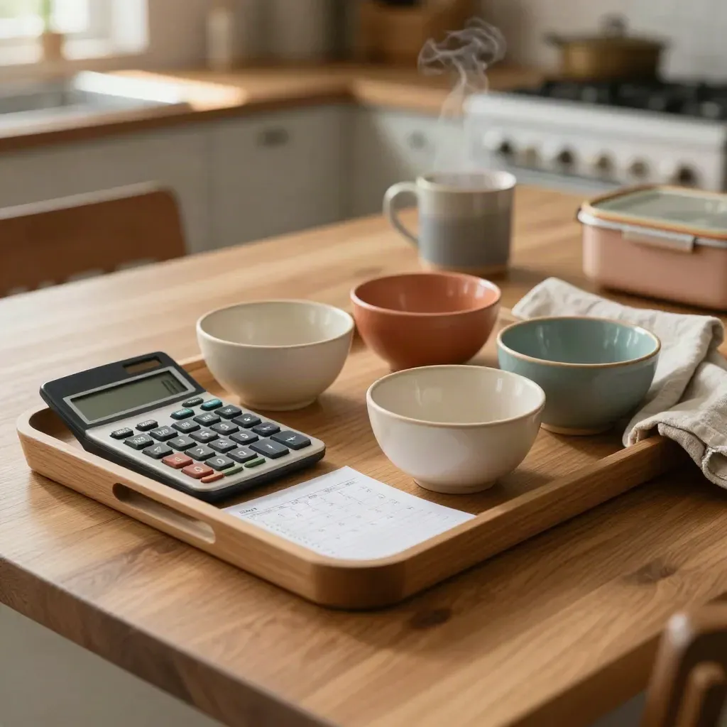 Budget tray with calculator, ceramic bowls and lunchbox on a warm kitchen breakfast bar.