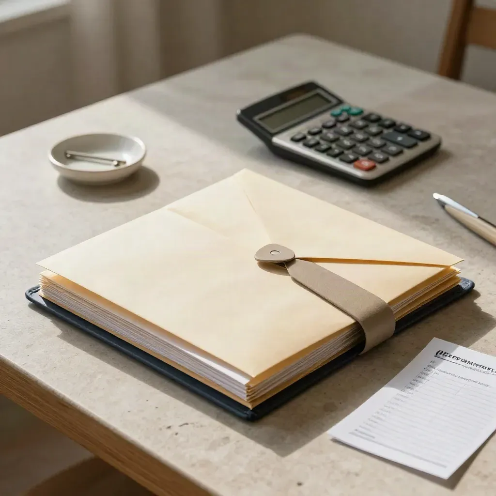 Clipped bill envelopes in a budget folder beside a calculator and key dish on a stone kitchen table.