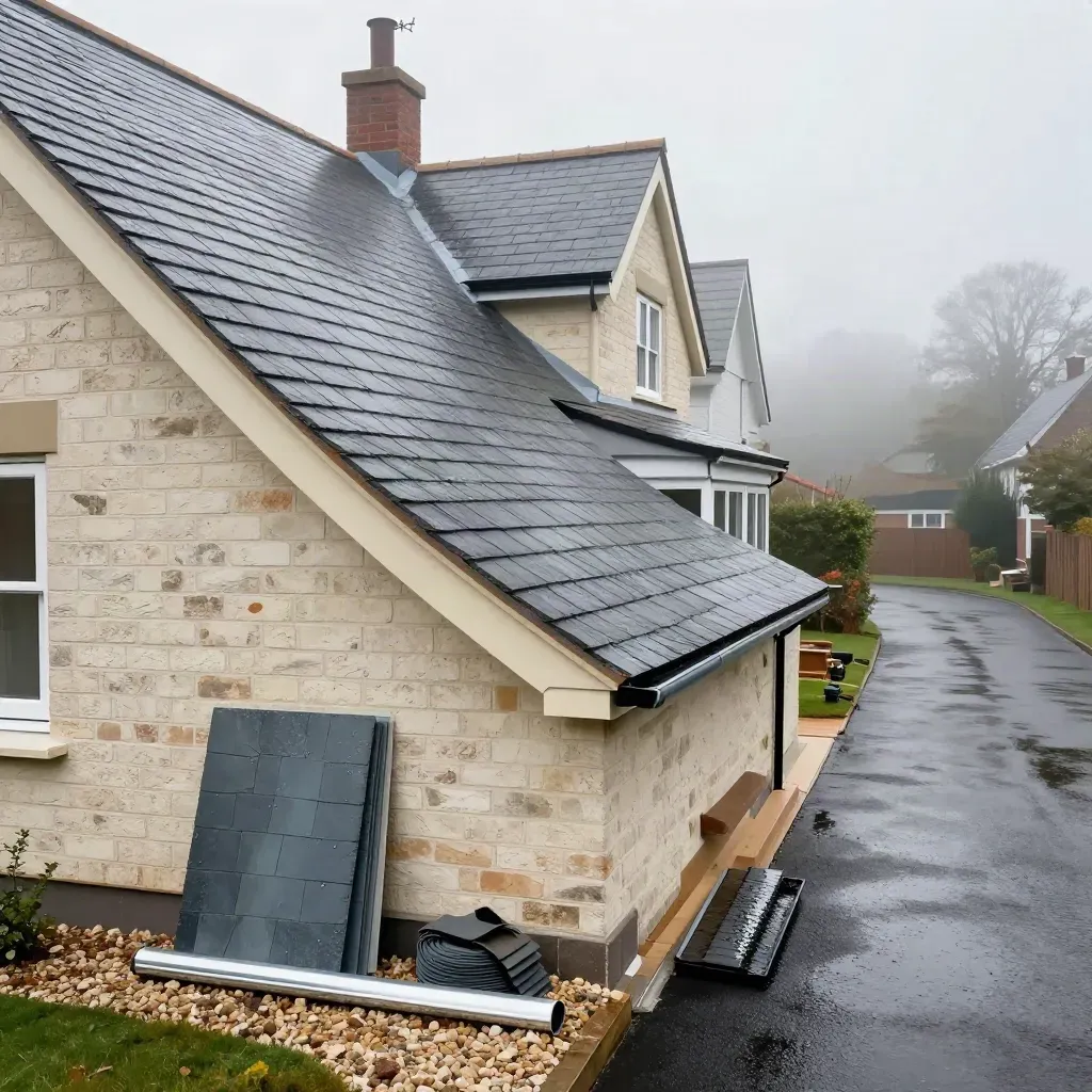 Rainy semi-detached roofline with stacked slate samples and repair materials by a brick sill.