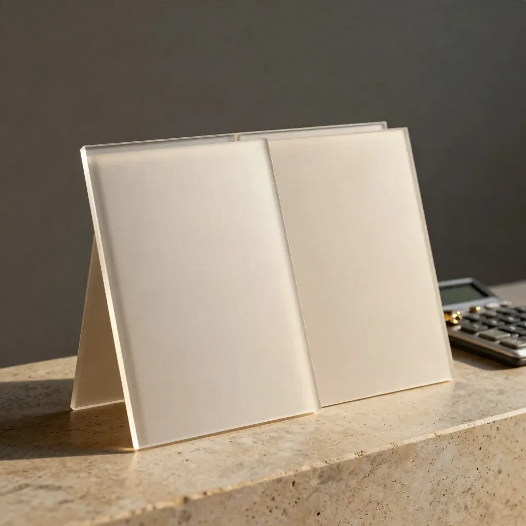Three loan-offer boards with a calculator and key on a limestone ledge, one board slightly ahead.