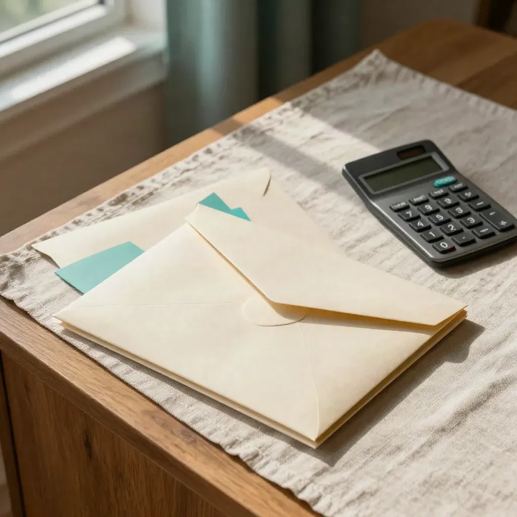 Top-down payment folder and calculator on linen, warm daylight, finance plan in a home setting