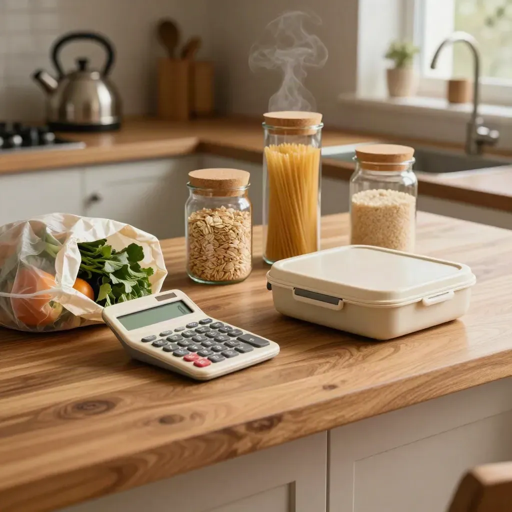 Kitchen counter with calculator, grocery bag, lunchbox and jars in warm steam-lit light.