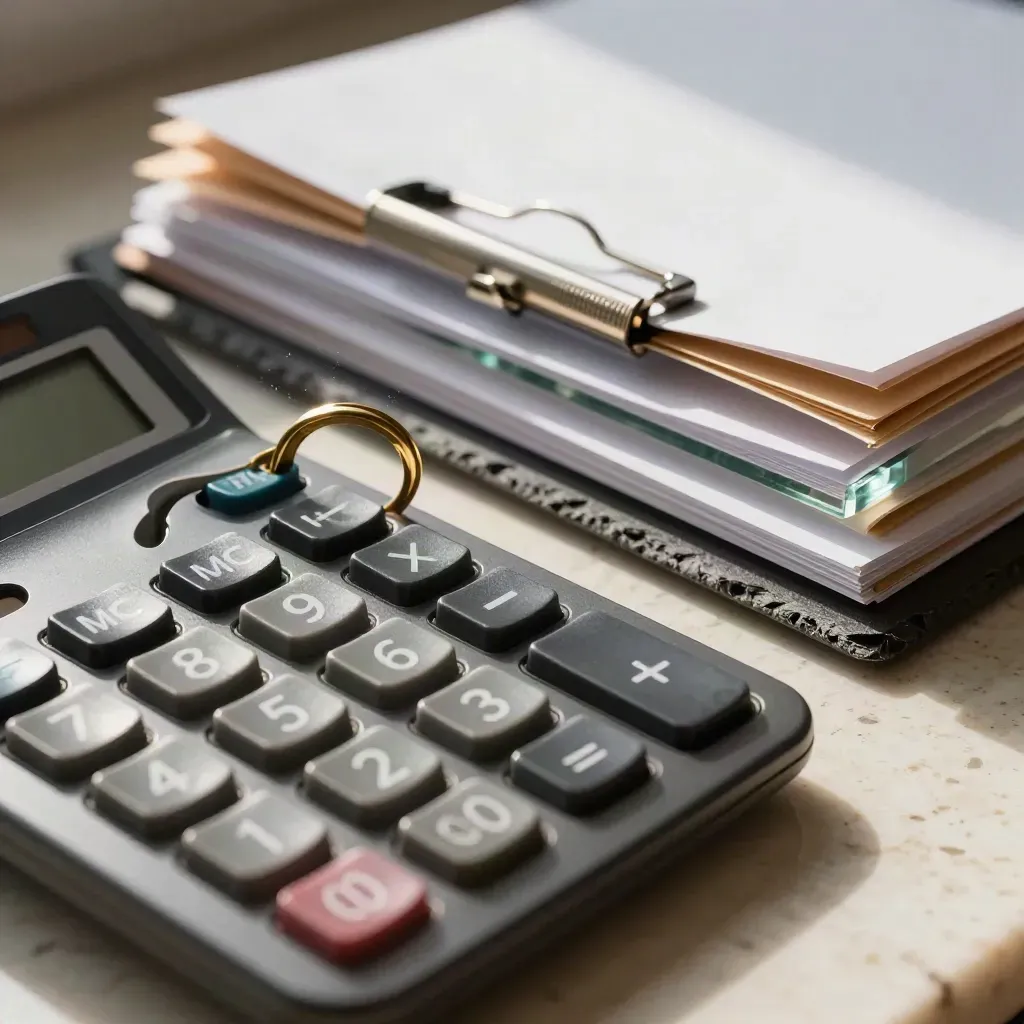 Macro of a calculator, brass key ring and folders under glass on travertine