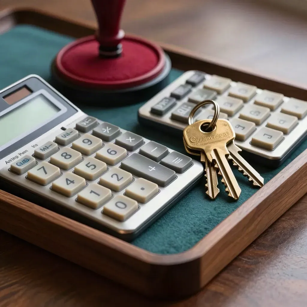 Extreme macro of calculators, stamp pad and key ring on a walnut tray.