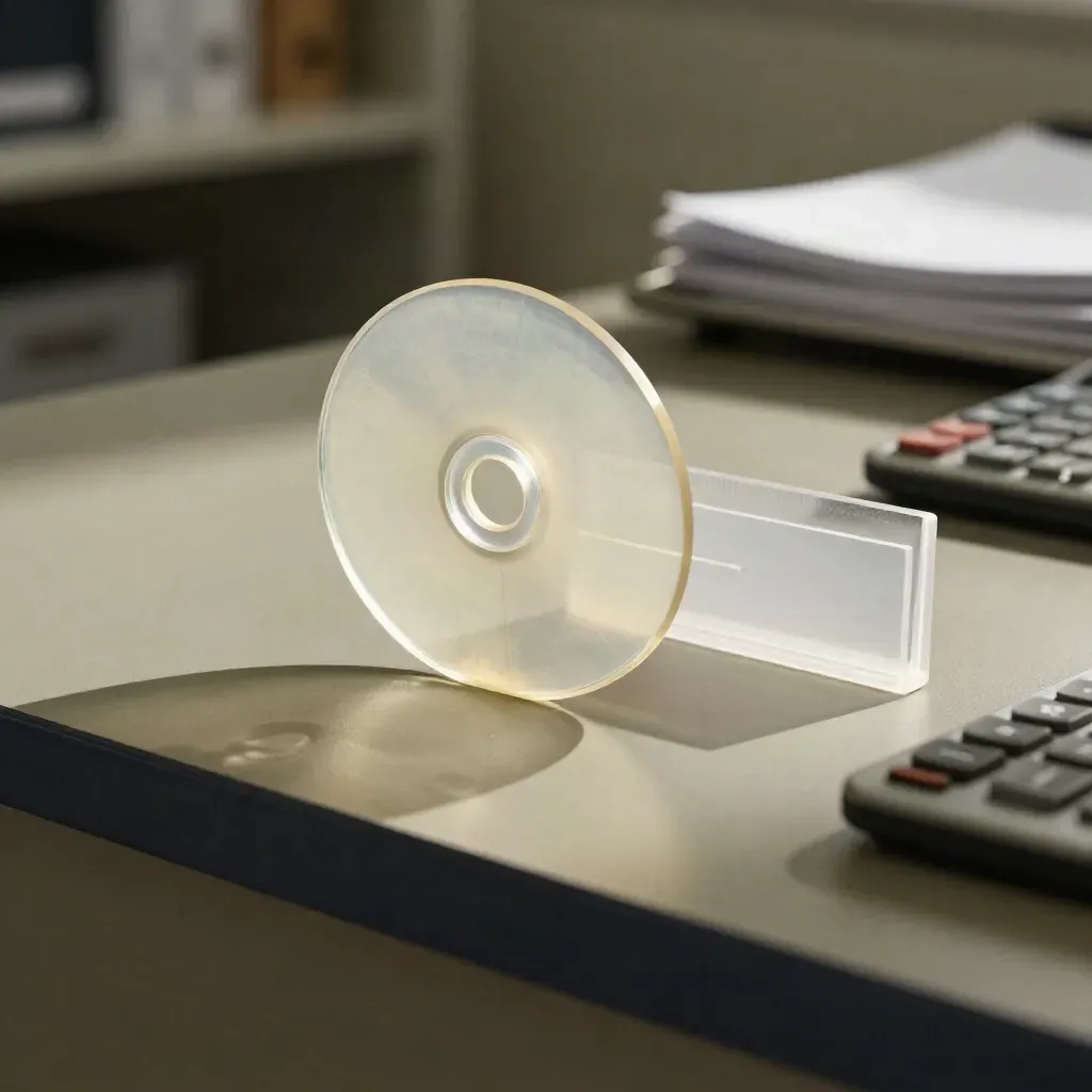 Macro still life of translucent rule discs, calculator and frosted card holder on a khaki counter