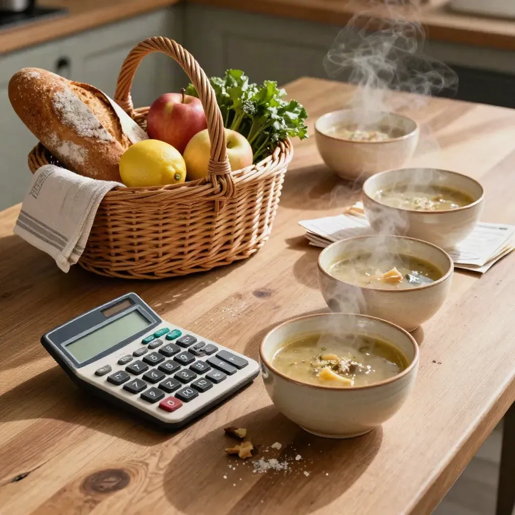 Overhead still life of a grocery basket, calculator and steaming ceramic bowls on a kitchen worktop.