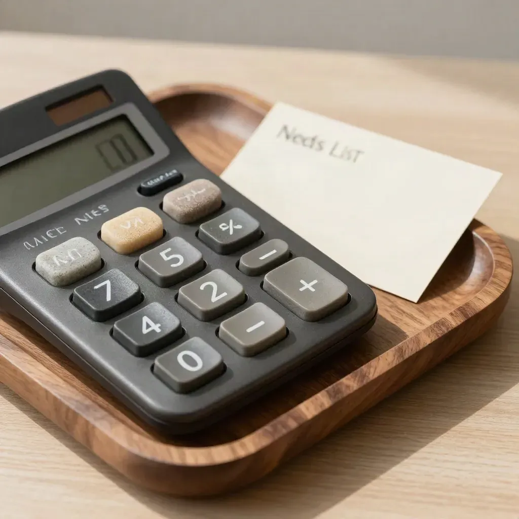 Calculator and four pebble markers on a walnut tray in a clean finance still life.