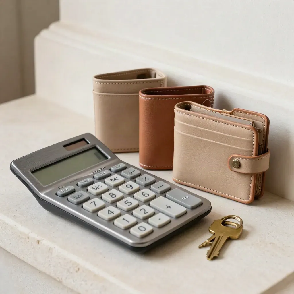 Calculator with three card wallets and a brass key on pale stone, soft light, clean fit-check still life