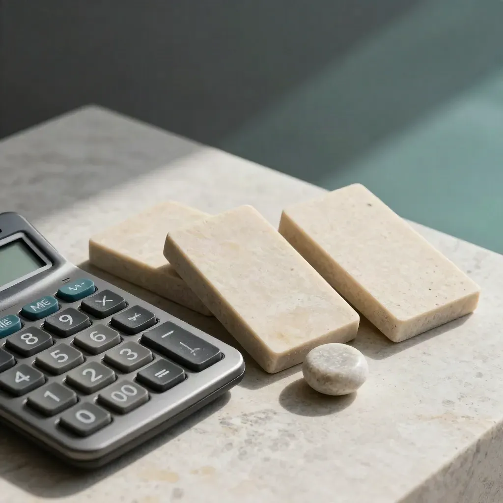 Overhead finance still-life with three blank tiles, a calculator and a stone token on pale limestone.