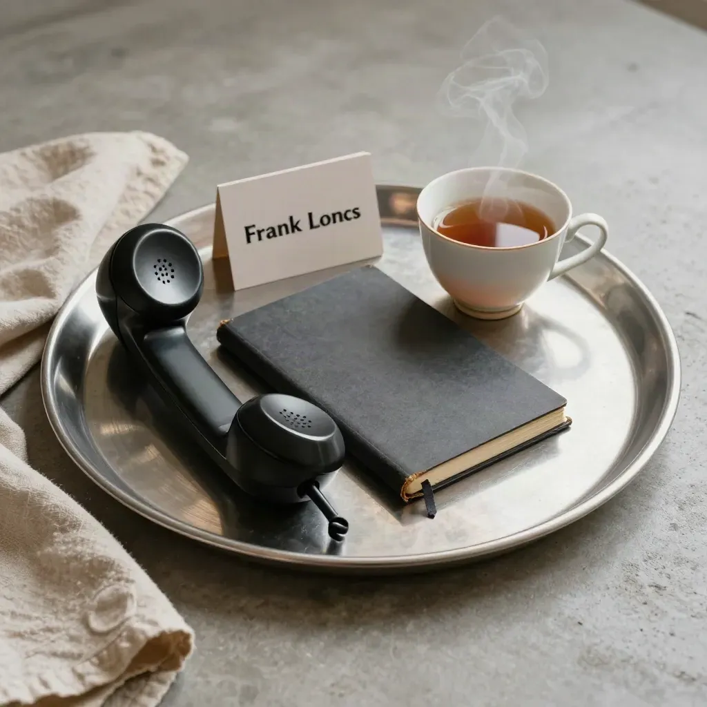 Landline handset, closed notebook and steaming tea on a metal tray, softly lit on concrete.