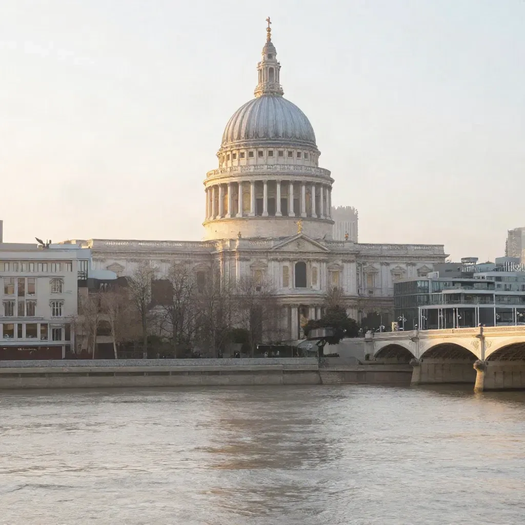 St Paul’s Cathedral above the Thames in pale dawn mist