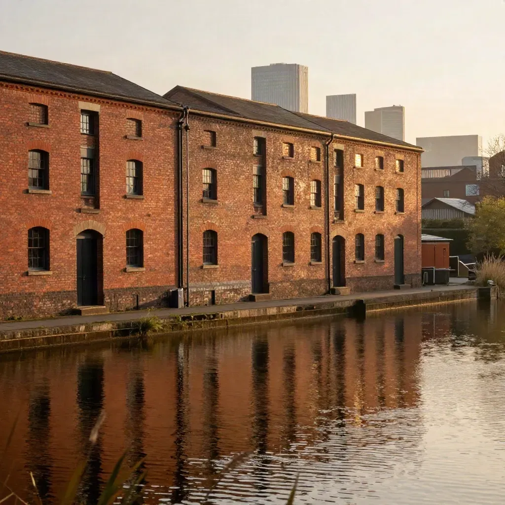Golden-hour West Midlands canal with red-brick warehouses and Birmingham skyline.