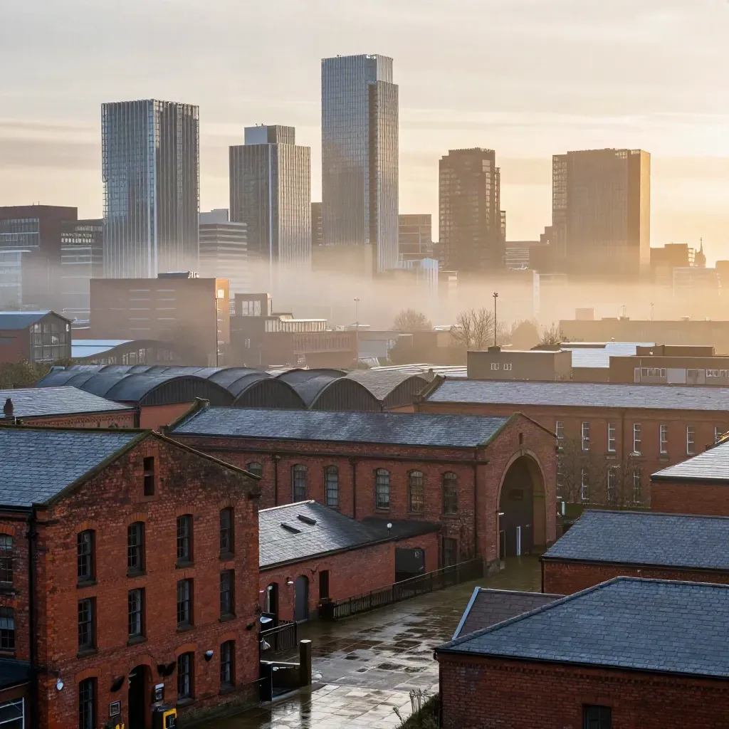 Manchester skyline beyond brick arches and misty mill roofs at sunset