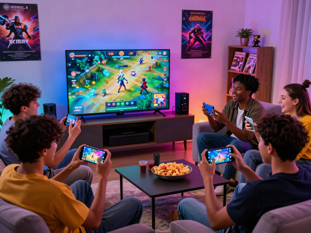 Mobile porn game session with friends in a cozy living room, showcasing vibrant screens and joyful interactions.
