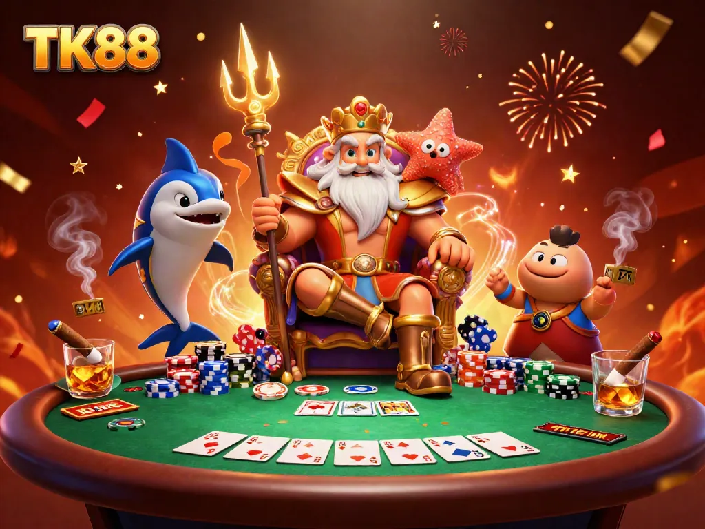Engage in thrilling poker action at TK88 with Neptune and friends amidst vibrant casino elements.